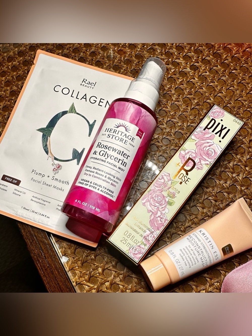 Heritage, Rael Beauty, Kristin Ess and Pixi Rose-infused skincare & hair bundle.